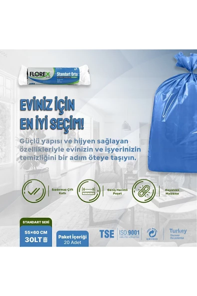 FLOREX Standart Orta Boy Mavi Çöp Poşeti X 5 Rulo - Resim 2