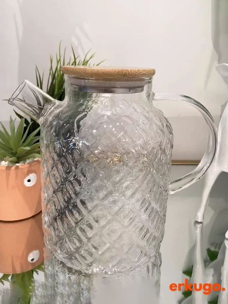 Vakumlu Bambu Kapaklı Isıya Dayanıklı Borosilikat Cam Demlik, Süzgeçli Demlik (1800 ml) Pineapplejug ürün görseli 1