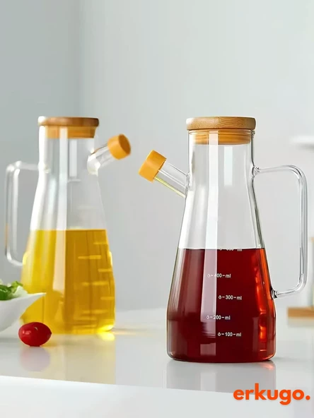2 Adet Vakumlu Bambu Kapaklı Borosilikat Yağdanlık, Zeytinyağı Sıvıyağ Şişesi, Yağlık (900 ml) Oilpot ürün görseli 1
