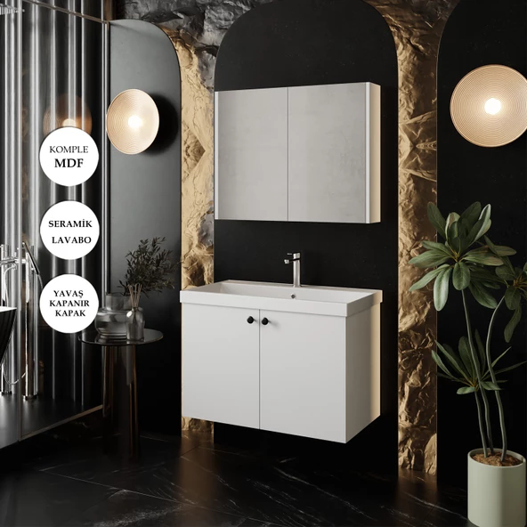 KAREN BANYO Mimoza 80 Cm Lavabolu,aynalı Banyo Dolabı Seti,mdf Seramik Lavabo Dahil,beyaz,mdf ürün görseli 1