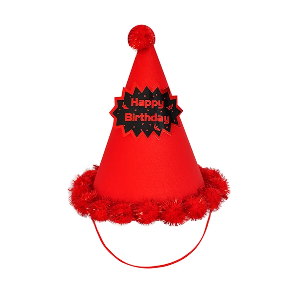 Happy Birthday Simli Ponponlu Kırmızı Şapka 20x13 cm ürün görseli 1