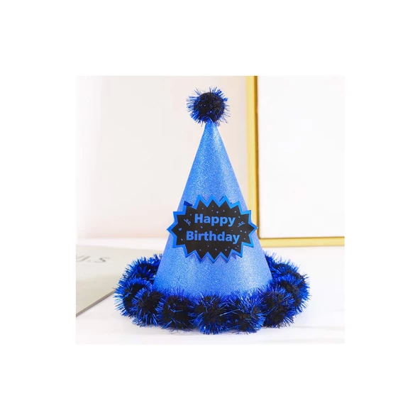 Happy Birthday Simli Ponponlu Mavi Şapka 20x13 cm ürün görseli 1