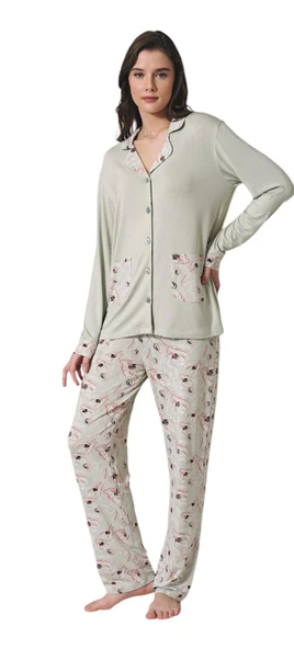 Pijadore Kadın Viskon Düğmeli Uzun Kollu Pijama Takımı 1728 ürün görseli 1