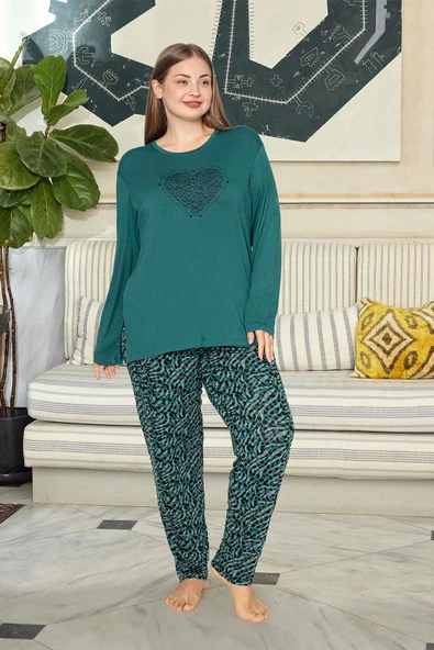 Aydoğan Kadın inci Büyük Beden Kalp Baskılı Zümrüt Pijama Takım 0713 ürün görseli 1