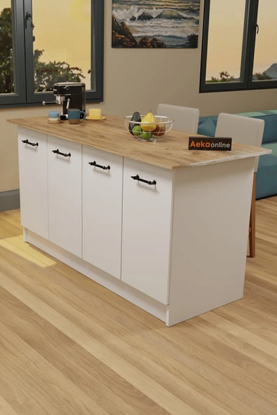 AEKA AE-2040 Vera Mutfak Adası Bar Masası Yemek Masası Dolaplı, Beyaz/Çam Raflı, Çok Amaçlı 160 cm ürün görseli 1