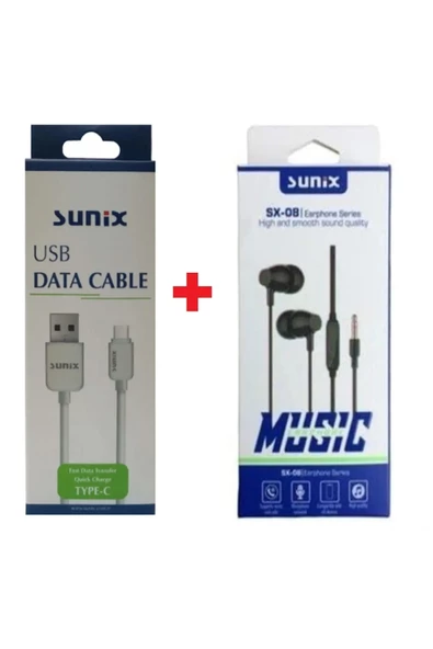 Sunix Fast Data Cable Usb Type C Sc-62 + Sunix Sx-08 Kablolu Kulaklık ürün görseli 1