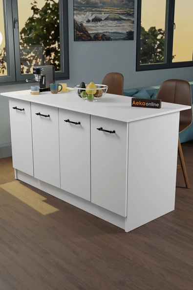 AEKA AE-2040 Vera Mutfak Adası Bar Masası Yemek Masası Dolaplı, Beyaz Raflı, Çok Amaçlı 160 cm ürün görseli 1