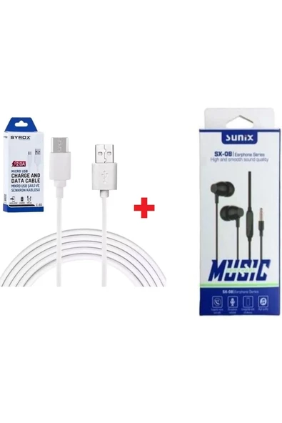 Syrox C65 Micro Usb 2.0 Amper Hızlı Şarj Kablosu,samsun Uyumlu 100 Cm +sunix Sx-08 Kablolu Kulaklık ürün görseli 1