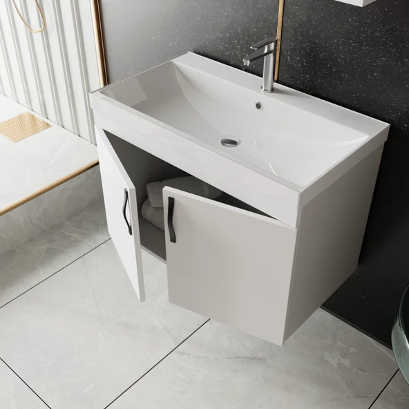 Karen Banyo Ege 80 cm Lavabolu Alt Banyo Dolabı - Kapaklı - Seramik Lavabo Dahil - Beyaz ürün görseli 1