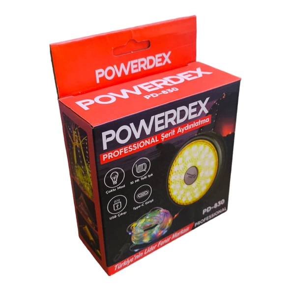POWERDEX 10mt Şarjlı Telli Peri Ledli 8 Animasyonlu Günışığı ve RGB Renk Makaralı Süsleme Ledi Kamp Lambası ürün görseli 1