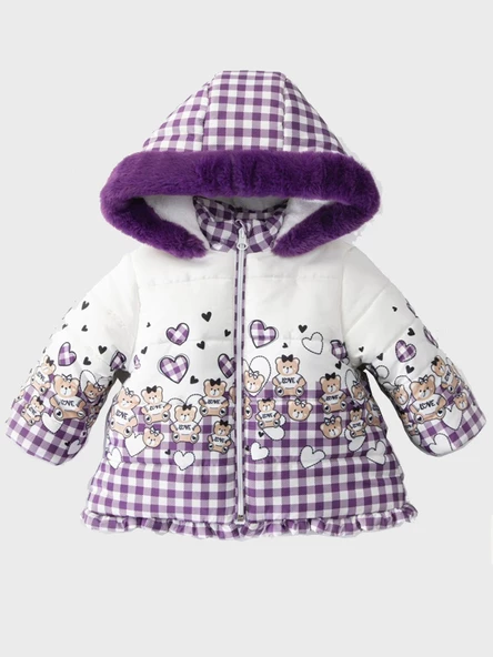 Yeni Bear Baskılı Fırfır Detaylı Varaklı İçi Kürklü Kapüşonlu Kışlık İçi Peluş Kız Bebek Mont Şişme ürün görseli 1
