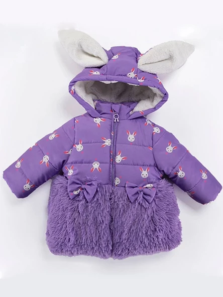Trend Tavşan Detaylı Baskılı Fiyonk Kulaklı Fermuar Kapüşonlu Kışlık İçi Peluş Kız Bebek Mont Şişme ürün görseli 1