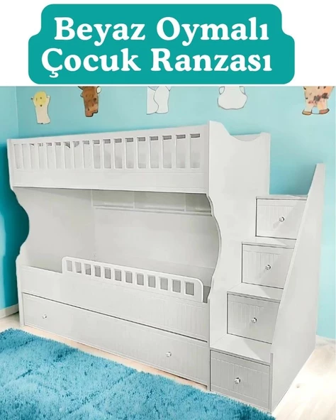 Beyaz Oymalı Çocuk Ranzası - Resim 2
