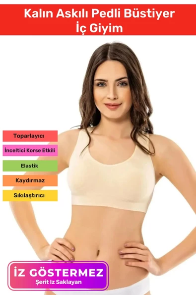 Yeni Sezon Rahat Sıkılaştırıcı Toparlayıcı Şekillendirici Kadın Dikişsiz Kalın Askılı Pedli Bustiyer ürün görseli 1