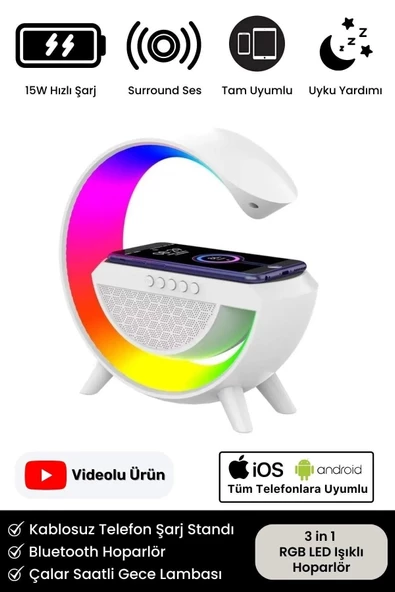 Kablosuz Şarj Led Işıklı Bluetooth Hoparlör Radyolu Müzik Çalar Saatli Telefon Standı 3in1 Speaker ürün görseli 1
