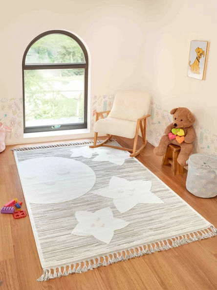 Bercario Kids 9273 Ay Yıldızlı Dokuma Çocuk Odası Halısı Yumuşak Bebek Odası Halısı ürün görseli 1