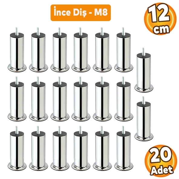 Metal Krom (12 cm) Baza Koltuk Kanepe Mobilya Yatak Çekyat Ayağı Ince Diş M8 Metrik Ayakları 20 Adet ürün görseli 1