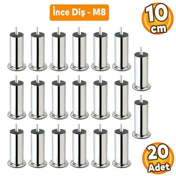 Metal Krom (10 cm) Baza Koltuk Kanepe Mobilya Yatak Çekyat Ayağı Ince Diş M8 Metrik Ayakları 20 Adet ürün görseli 1