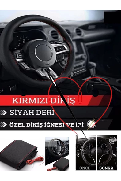 ucuzasepetim ucuzasepetim Peugeot 407 Deri Direksiyon Kılıfı Dikmeli Kırmızı Dikişli ürün görseli 1