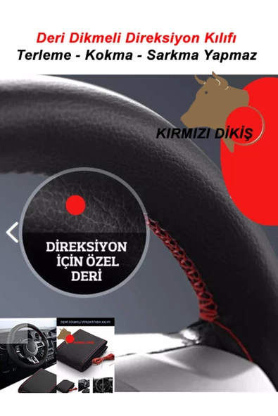 bol bol cesit bol bol cesit Peugeot 208 Deri Direksiyon Kılıfı Dikmeli Kırmızı Dikişli ürün görseli 1