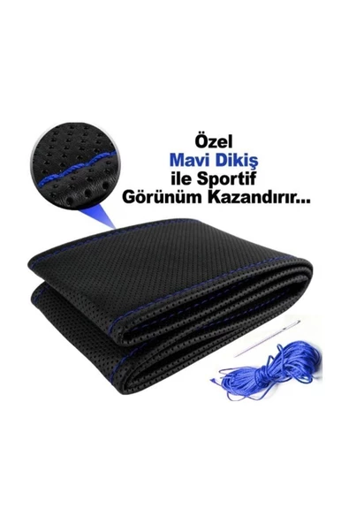 SAHLAN Renault Kangoo Uygun Deri Direksiyon Kılıfı Sarmalı Dikmeli Mavi Dikişli Kokusuz ürün görseli 1