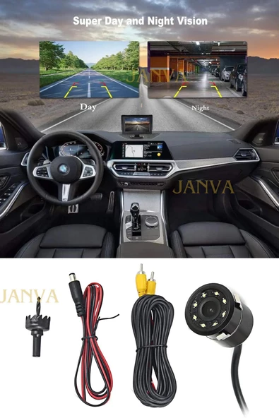 Janva Araç Geri Görüş Kamerası Gece Görüşlü +hd Mesafe Çizgili Su Geçirmez BAğlantı Kablosu Dahil ürün görseli 1