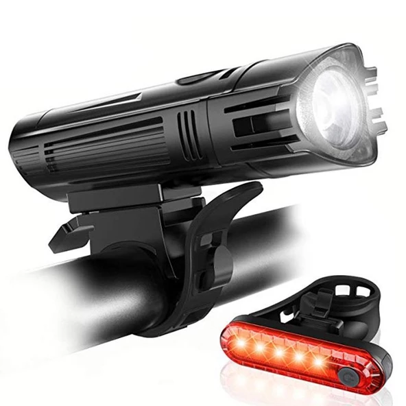 T6 Led 300 Lümen 4 Modlu Su Geçirmez USB Şarjlı Ön Arka Bisiklet Farı Işığı 1300 mAh ürün görseli 1