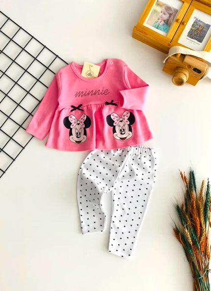 Neşeli Bebekler Minnie Baskılı Fiyonklu Yakadan Düğmeli Mevsmlik Takım Pembe ürün görseli 1