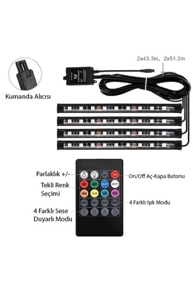 Lalezar Garage Araç Içi Aydınlatma Kumandalı Müziğe Duyarlı 12 Led Ayak Altı Led - 7 Renk Rgb Pra ürün görseli 1