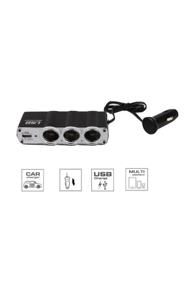 Yalova Oto Aksesuar 3 Çıkışlı 12/24 Volt Usb Oto Çakmaklık Çoğaltıcı - Siyah ürün görseli 1