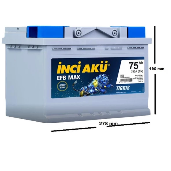 İNCİ 12V 75 AH EFB TİGRİS START & STOP AKÜ ürün görseli 1