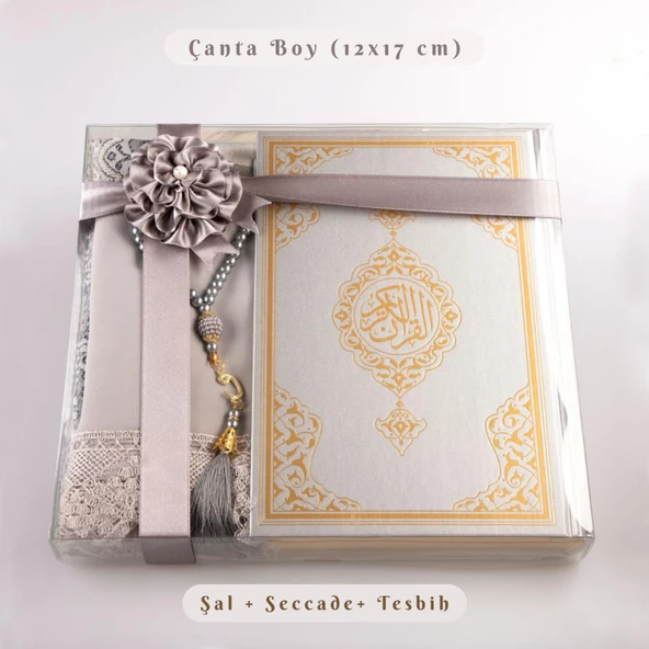 Şal + Tesbih + Kuran Hediye Seti (Çanta Boy, Standart Cilt, Gri) ürün görseli 1
