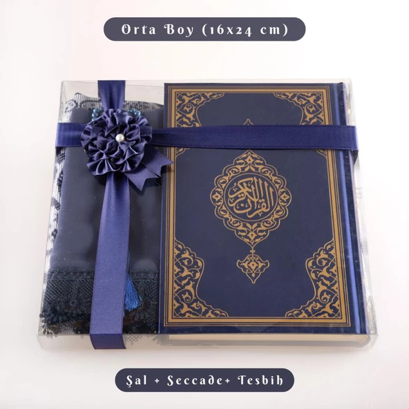 Şal + Tesbih + Kuran Hediye Seti (Orta Boy, Standart Cilt, Lacivert) ürün görseli 1
