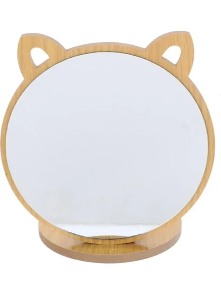 Kedi Ayna Ahşap Standlı Masa Üstü Makyaj Aynası Make Up 19 cm E51 ürün görseli 1