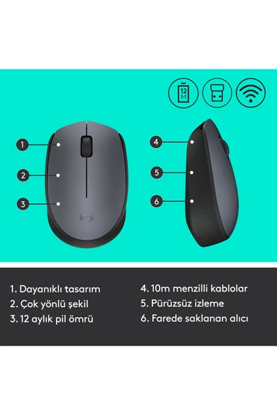 logitech M170 Usb Alıcılı Kablosuz Kompakt Mouse - Gri - Resim 7