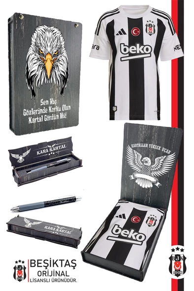 Beşiktaş Orijinal 24-25 Çubuklu Siyah-Beyaz Forma Kalem Hediyeli Özel Tasarım Hediyelik Ahşap Kutulu ürün görseli 1