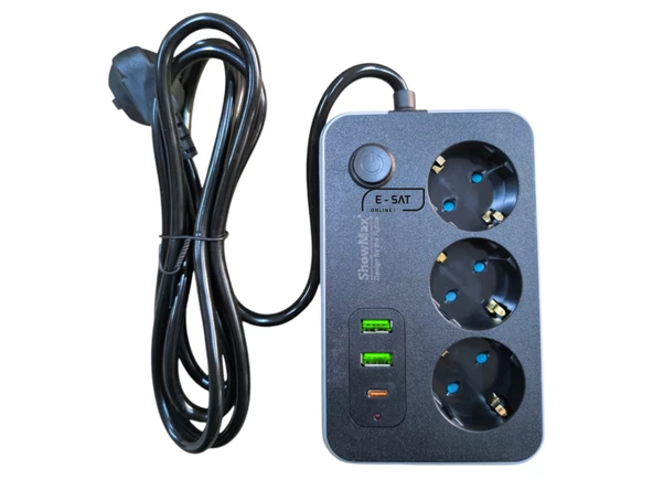 SHOWMAX 4626 3 LÜ 2 MT 2 USB 1 TYPE C GİRİŞLİ TERMAL AKIM KORUMALI GRUP PRİZ ürün görseli 1