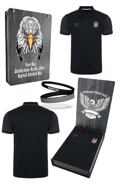 Beşiktaş Orijinal Lisanslı Polo Yaka Siyah Spor T-Shirt + Bileklik Set Özel Ahşap Kutulu ürün görseli 1