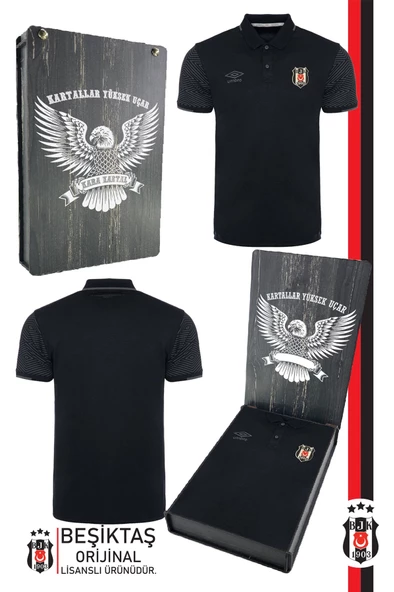 Beşiktaş Orijinal Lisanslı Polo Yaka Siyah Spor T-Shirt Hediyelik Ahşap Kutulu ürün görseli 1
