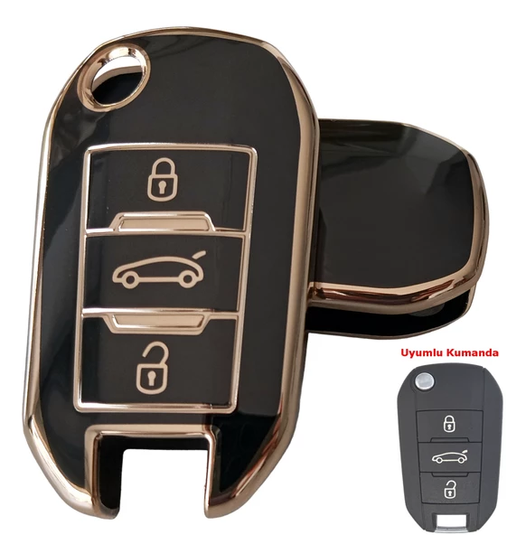 Opel Combo Peugeot 301 Citroen C-Elysee Uyumlu Anahtar Kumanda Kılıfı Kabı Oto Anahtarlık Siyah Gold ürün görseli 1