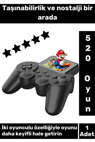 520 Nostalji Oyunlu Mini Atari Gameboy gamebox Çift Oyuncu Oyun Konsolu Siyah ürün görseli 1