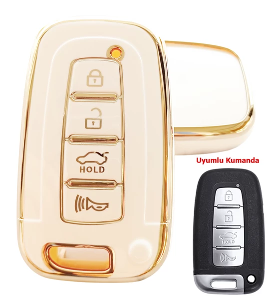 Hyundai Ix35 Tucson Santa Fe Sonata Elantra Uyumlu Smart Kumanda Kılıfı Oto Anahtarlık Beyaz Gold ürün görseli 1