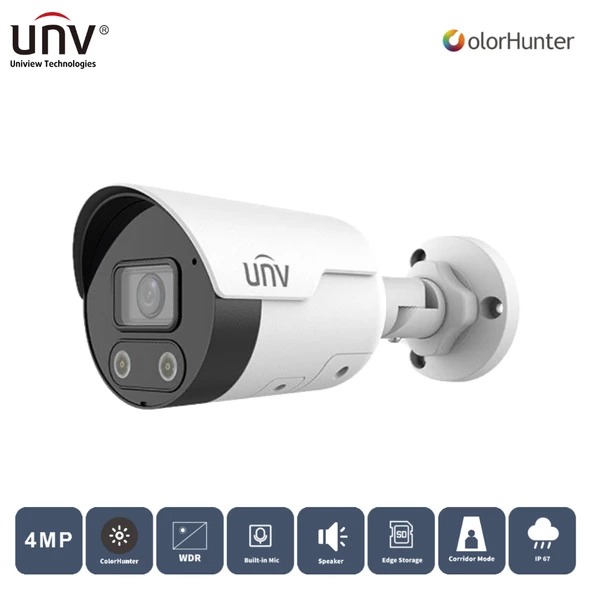UNIVIEW  IPC2124LE-ADF28KMC-WL 4MP 2.8MM 50MT COLORHUNTER IP67 H265+ IR BULLET IP KAMERA Dahili Sesli ve Hoparlörlü ürün görseli 1