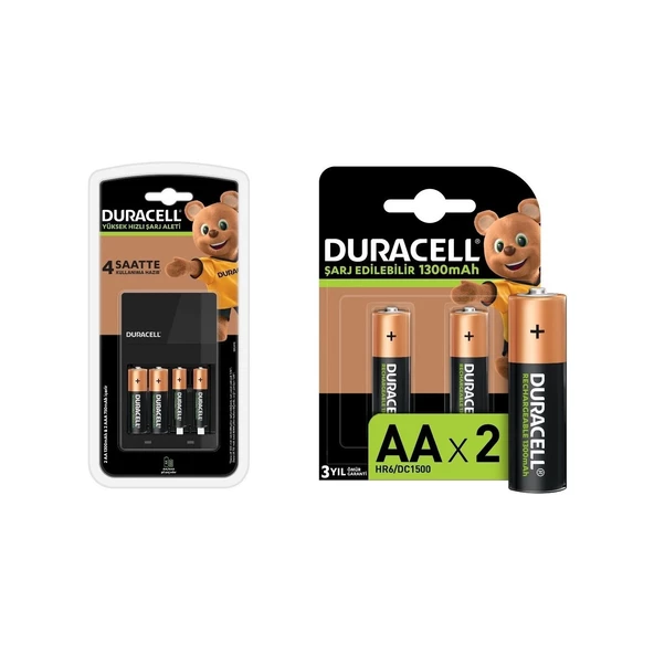 Duracell Cef 14 Şarj Aleti + 2 Adet Aa ve Aaa Pil Duracell 4 Saat Şarj Cihazı 1 Adet + Duracell Şarj Edilebilir Aa 1300 Mah Piller 2'li Paket ürün görseli 1