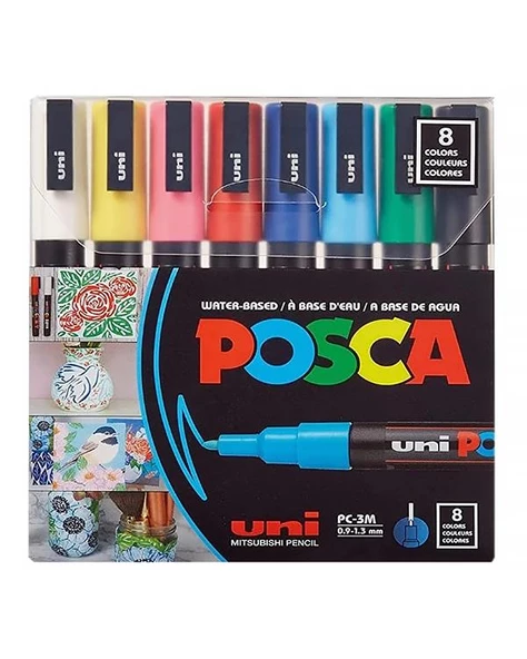 Uni Posca Su Bazlı Marker Seti 8li Ana Renkler 0.9 1.3mm PC3M ürün görseli 1