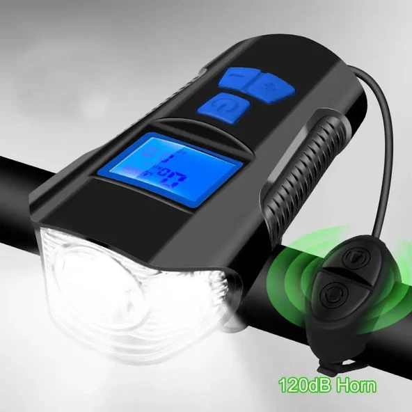 TechTic LCD Hız Göstergeli Su Geçirmez 1500Mah Kornalı Bisiklet Feneri Scooter Ön Far Lamba Işık ürün görseli 1