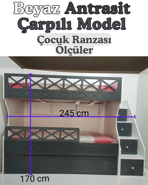 Beyaz Antrasit Çarpılı Model Çocuk Ranzası - Resim 2