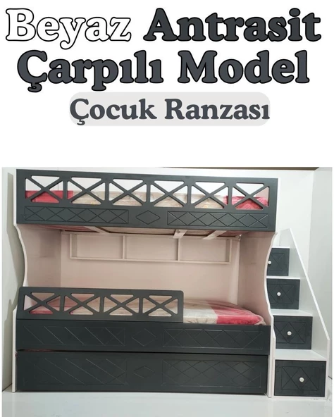 Beyaz Antrasit Çarpılı Model Çocuk Ranzası ürün görseli 1