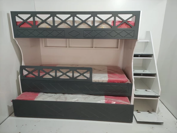 Beyaz Antrasit Çarpılı Model Çocuk Ranzası - Resim 5