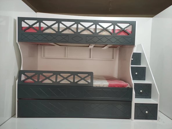Beyaz Antrasit Çarpılı Model Çocuk Ranzası - Resim 3